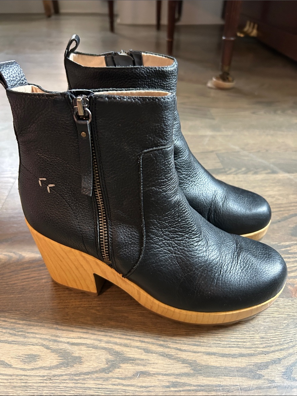 Dr. Scholl's Black Leather Ankle Booties with Wood-Effect Block Heel